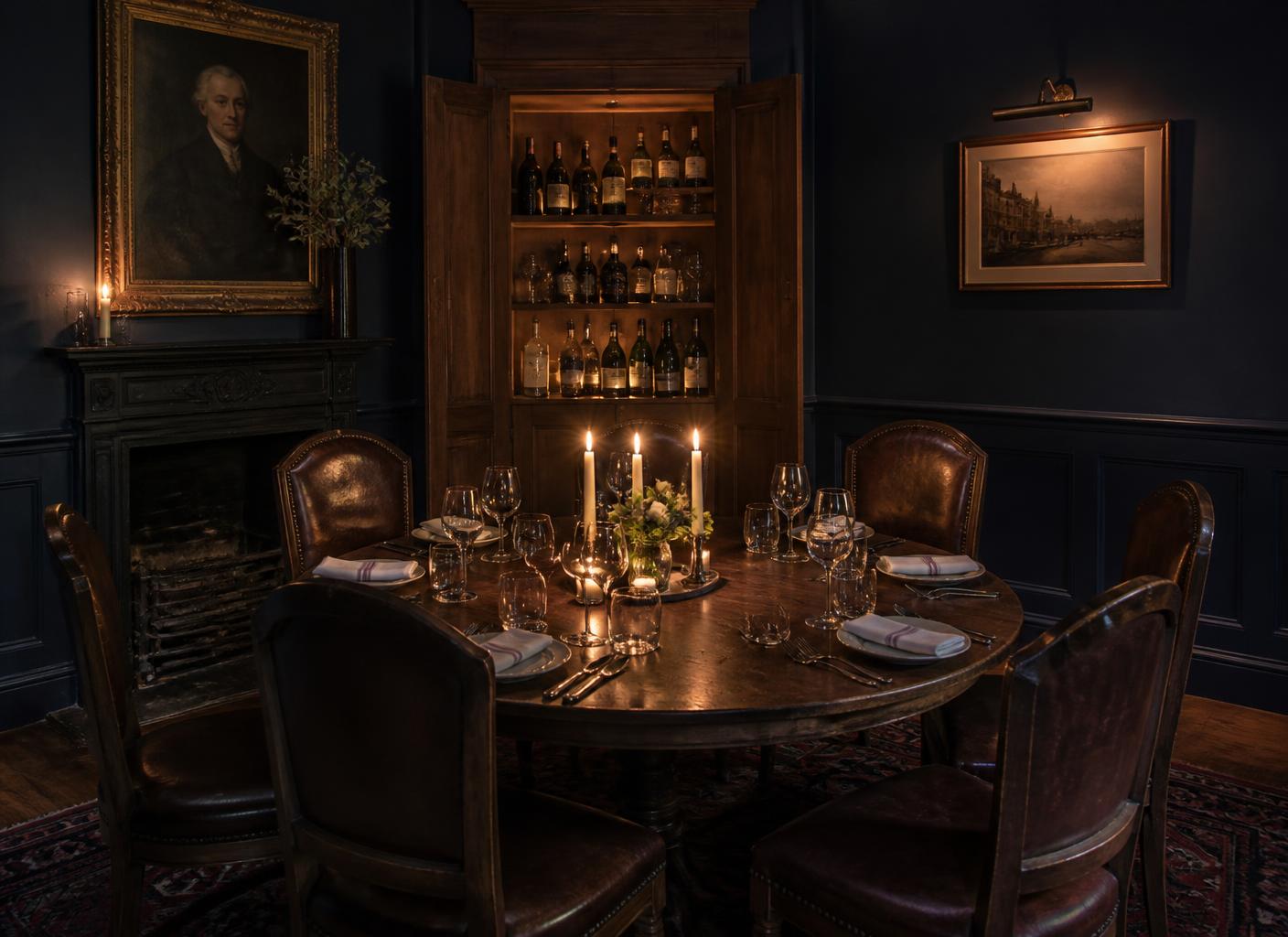 An intimate private dining table set with candlelight in a dark wood-panelled room
