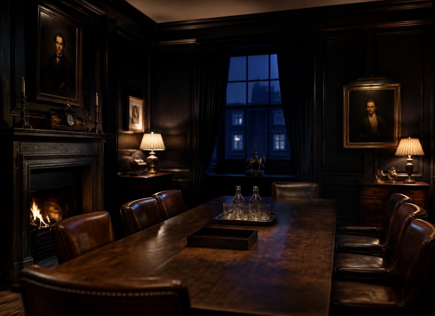 A dark wood-panelled room with a long table and leather chairs