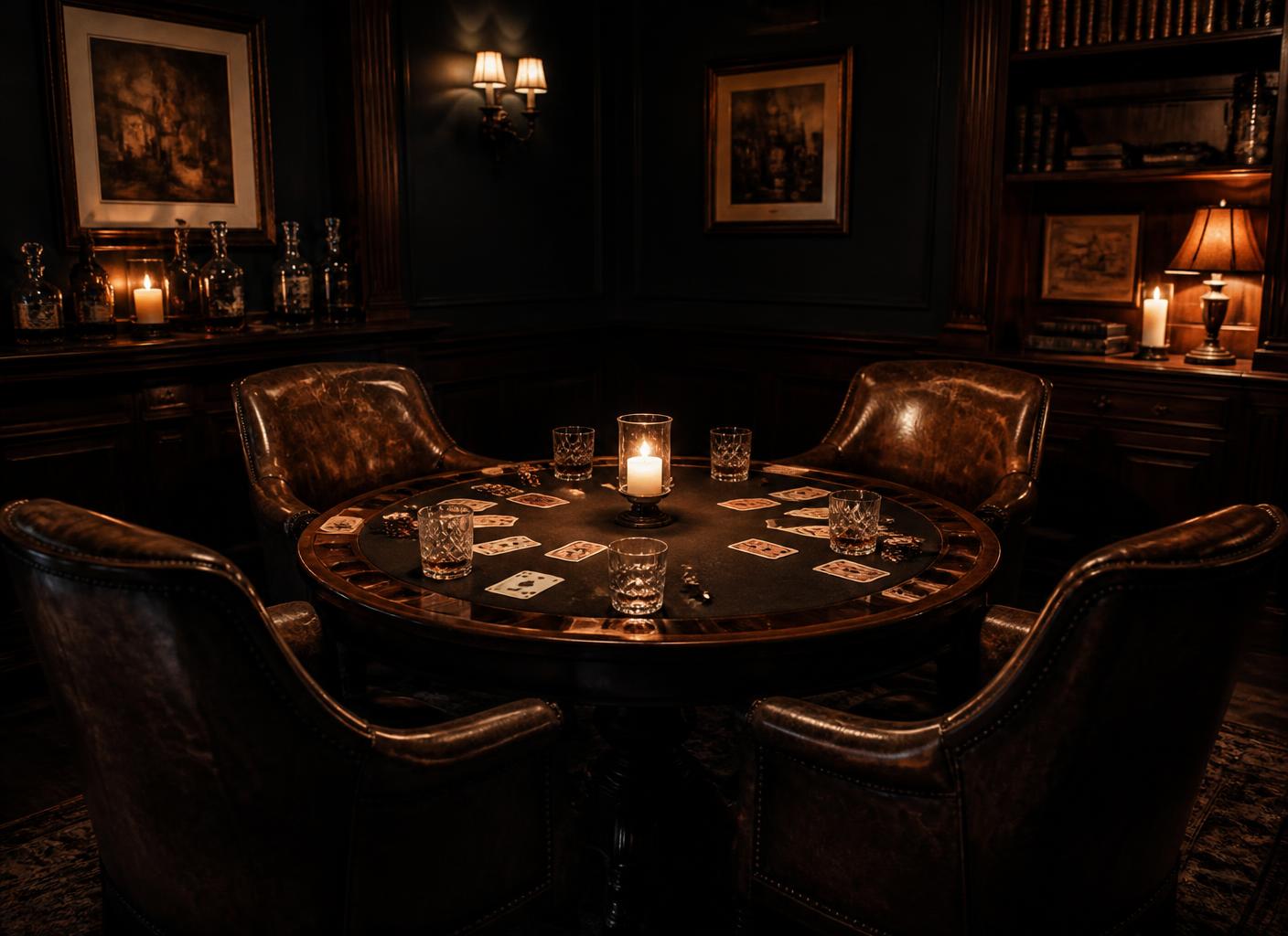 A round table with leather chairs, playing cards and candlelight in a dark wood-panelled room