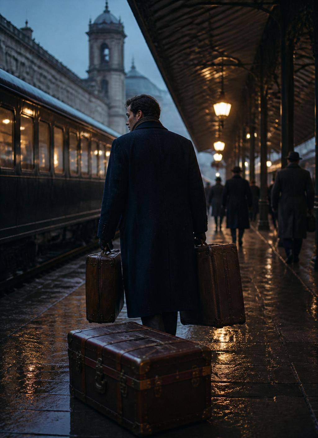 A great coat and leather luggage on a rain-wet railway platform