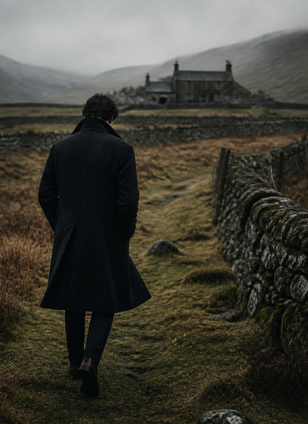A heavy tweed overcoat on a misty Yorkshire moor