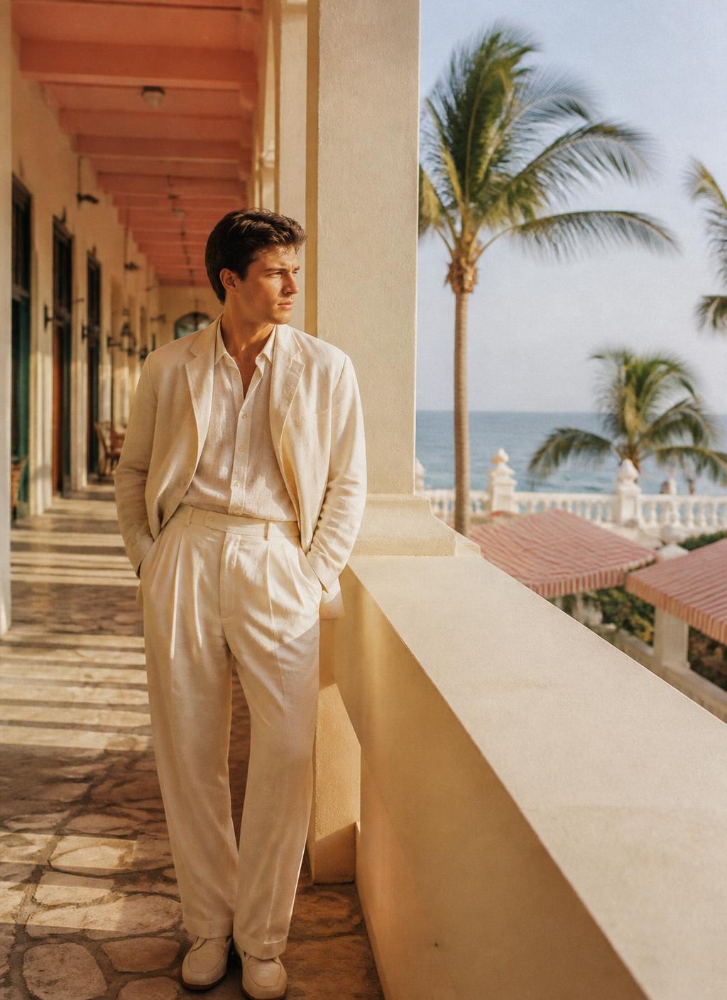 An unstructured cream linen jacket on a sunlit veranda