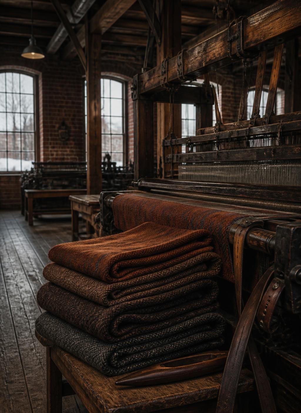 Folded heavy wool cloth beside an old loom in a brick mill