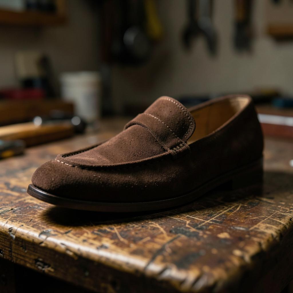 Lähivõte tumepruunist seemisnahast penni-loaferist töölaual